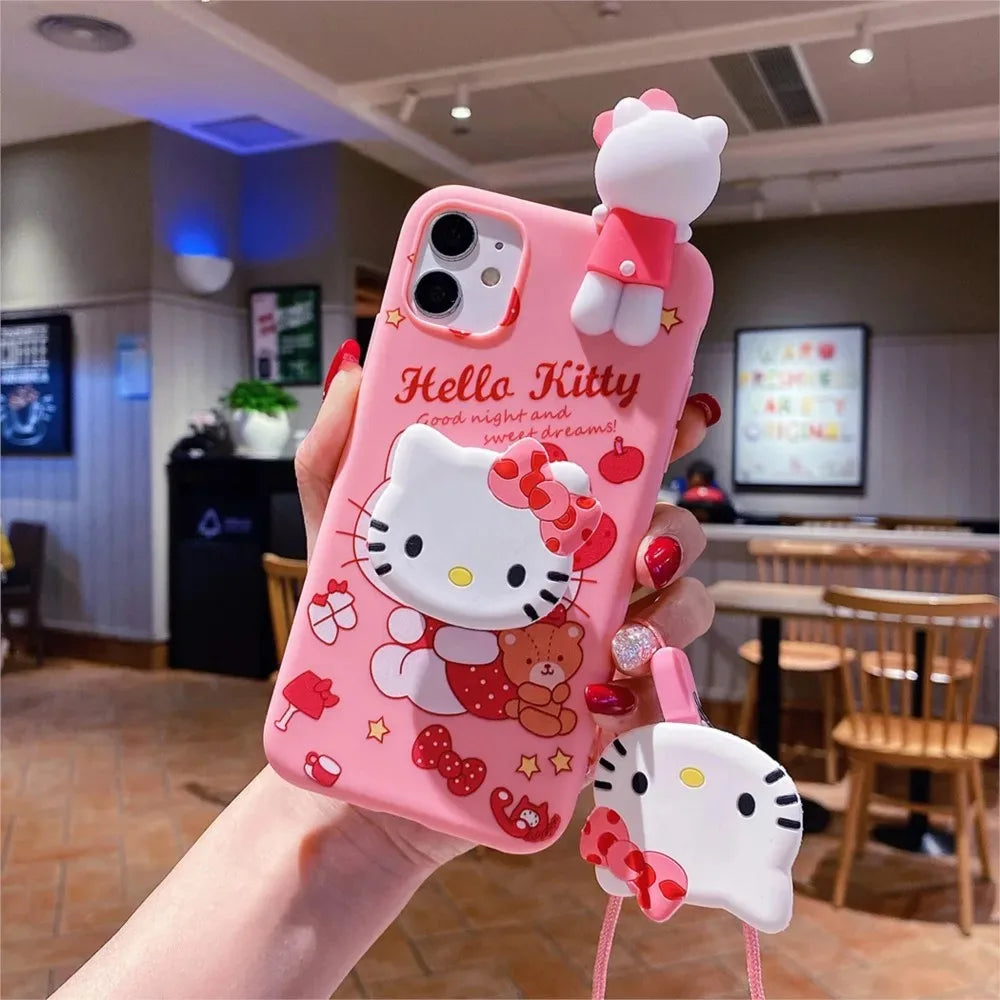 Cute 3D Cartoon Sanrio Phone Case with Holder &amp; Lanyard – For iPhone